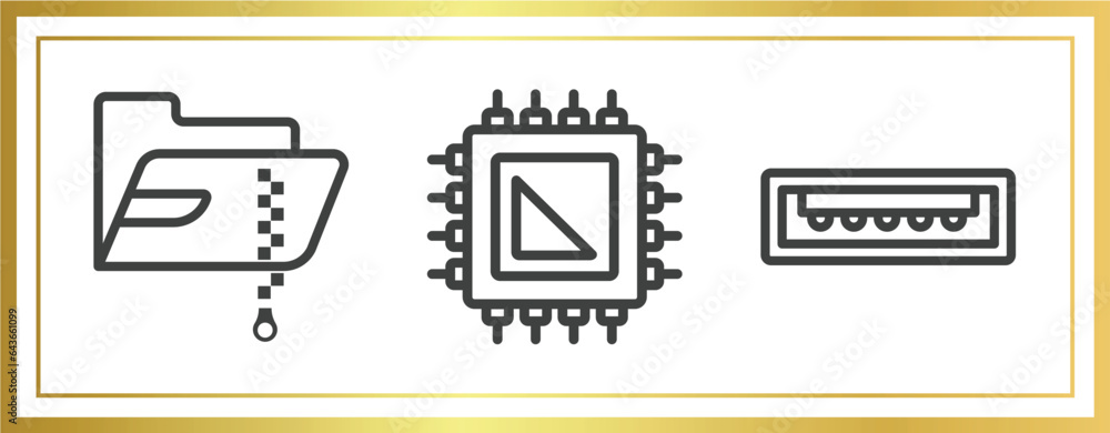 Poster it & components outline icons set. linear icons sheet included compressed file, processor, usb port 