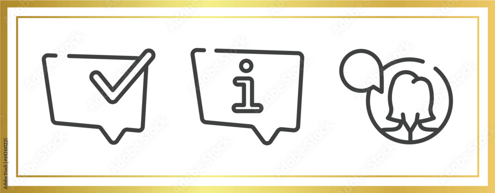 Poster talking outline icons set. linear icons sheet included speech bubble with check, information speech 