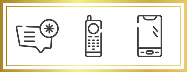 smartphones outline icons set. linear icons sheet included important message, first commercial phone, smartphone with three buttons vector.