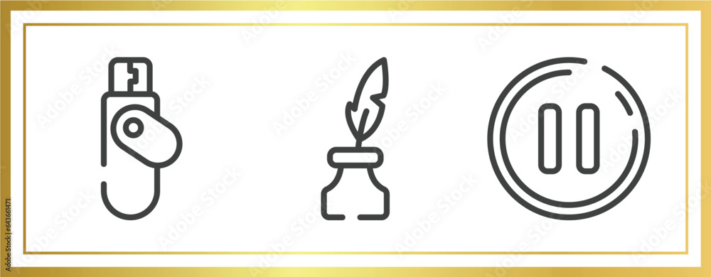 Poster media technology outline icons set. linear icons sheet included flash disk, inkwell, pause button ve