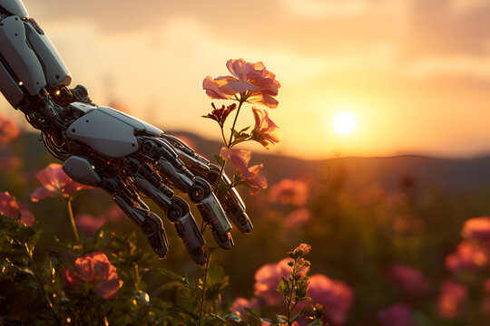 Robotic hand reaching to the pink flower. Concept art. Artificial Intelligence, Development of emotion and thinking. Synthetic life, Deep learning. Future of tech. Generative Ai