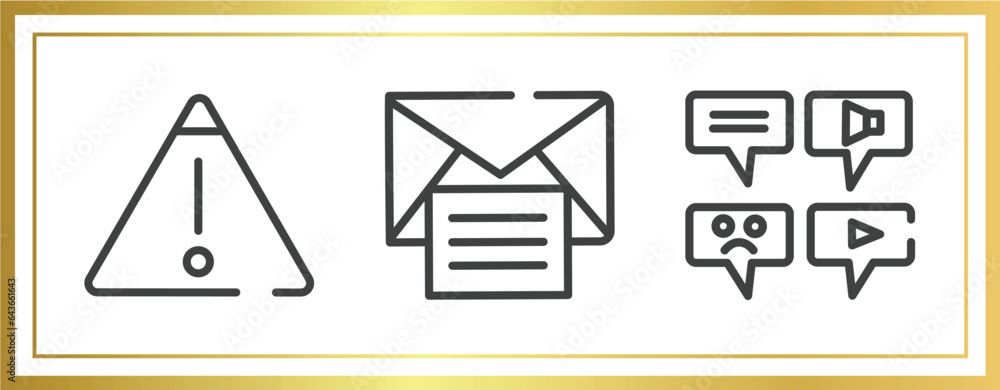 Poster dialogue assets outline icons set. linear icons sheet included warning, open mail, message types vec