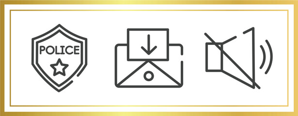 mobile interface outline icons set. linear icons sheet included police badge, incoming mail, muted vector.