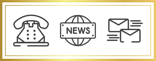 communication and media outline icons set. linear icons sheet included telephone of old de, news report, mailing vector.