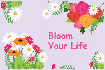 Multicolored blooming flowers concept. Colored flat vector illustration isolated. 