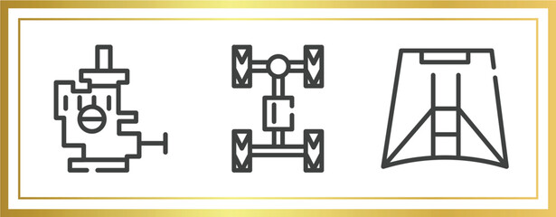 car parts outline icons set. linear icons sheet included car choke, car axle, hood vector.