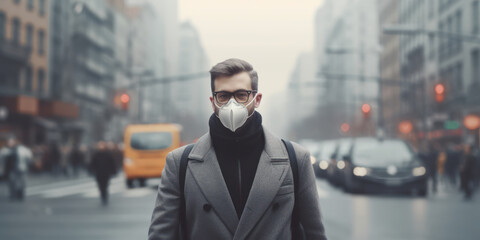 Businessman wearing a mask protection against dust and air pollution on the street in the city, PM 2.5 hazardous air pollution dust smoke beyond safe levels
