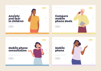 Isolated set of landing page design template with diverse people communicating mobile phone