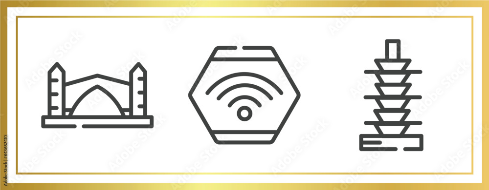 Poster restaurant elements outline icons set. linear icons sheet included stari most, wifi connection, null