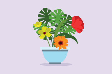 Multicolored blooming flowers concept. Colored flat vector illustration isolated. 