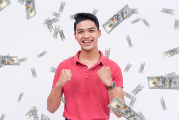 A man celebrating winning a large amount of money. A shower of hundred dollar bills. A lottery or...