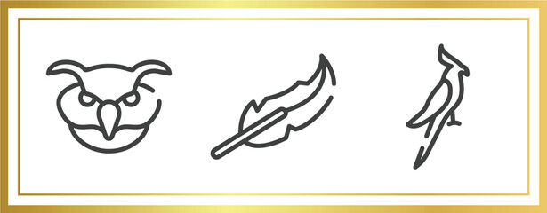 minimal animals outline icons set. linear icons sheet included owl head, feathers, nymphicus hollandicus vector.