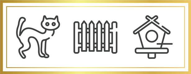 birds pack outline icons set. linear icons sheet included black cat, garden fence, birds house vector.