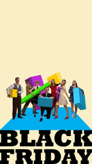 Contemporary art collage. Stylishly dressed people, women, and men going with geometric figures symbolizing purchases. Concept of Black Friday. banner
