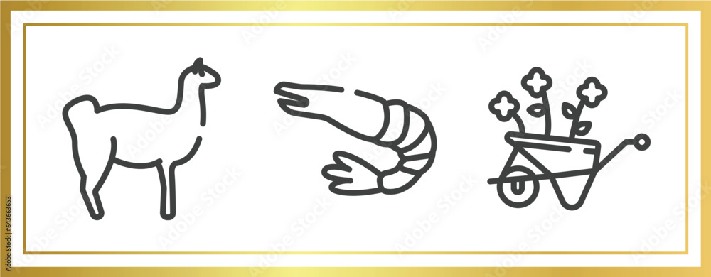 Poster spring outline icons set. linear icons sheet included llama, prawn, wheelbarrow vector.
