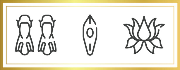 nature outline icons set. linear icons sheet included flippers, canoe, lotus flower vector.