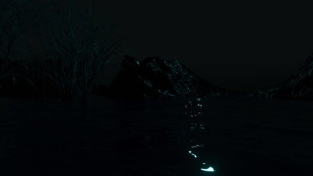 A Scene With A Pumpkin Monster Floating On The Water Chasing The Observer. Horror Atmosphere Without People. Halloween Creative Style. Modern 4K Resolution. Concept Stock Video. 3D Animation