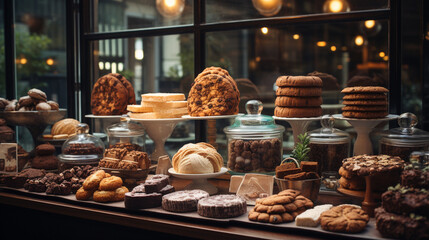 An image of a vegan bakery display featuring an array of delectable pastries, cakes, and cookies free from animal products - obrazy, fototapety, plakaty