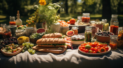 A picturesque setting of a picnic in the park, with a vegan spread of sandwiches, salads, and snacks laid out on a checkered blanket