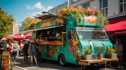 An image of a vegan food truck at a bustling street food festival, attracting food enthusiasts with its plant-based delights - obrazy, fototapety, plakaty