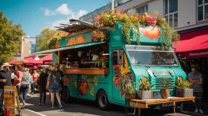 Fototapeten An image of a vegan food truck at a bustling street food festival, attracting food enthusiasts with its plant-based delights © Наталья Евтехова