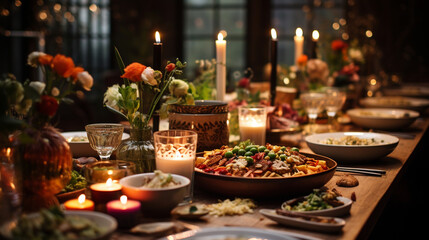 A festive table setting for World Vegan Day, adorned with candles, fresh flowers, and a vegan feast that showcases the beauty of compassionate eating