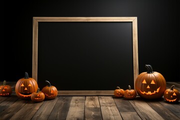 Chalkboard display with Halloween pumpkins, set on a wooden floor