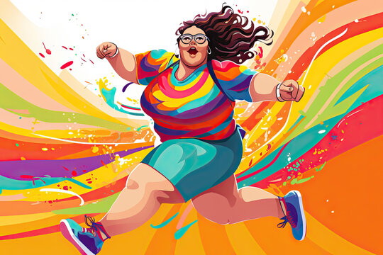 Woman runner plus size in sportswear on a bright multi-colored background.