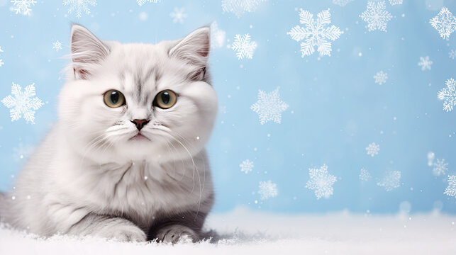 A white long-haired kitten lies on the snow on a blue background with snowflakes. Pet shop banner mockup with free space to place products or promotional text.