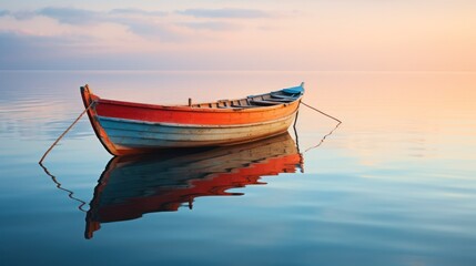 A lonely empty wooden boat is reflected in calm water. calm reflection, mirror of nature.  - Powered by Adobe