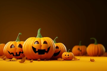 Minimalist 3D illustration of Happy Halloween featuring playful pumpkins