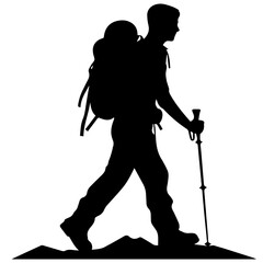 man hiking mountain with stick