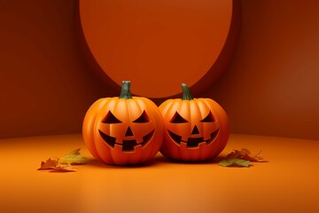 Orange background with 3D rendered jack o lantern pumpkin, ideal for product showcase