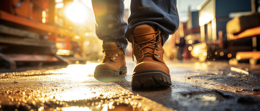 Close-up Of Dirty Construction Worker's Boots With Wet Ground And Construction Site In The Background. Construction, Labor, And Workplace Themes