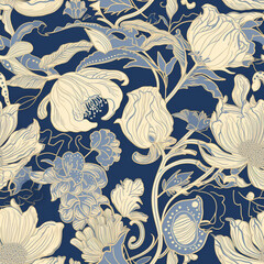 Image of Seamless floral pattern, floral design, botanical artwork, artistic floral patterns, white and blue flowers, white blue foral pattern printed on Printed Glass Splashbacks