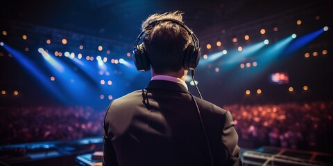 Fototapeta na wymiar Motivational speaker with headset performing on stage, back view