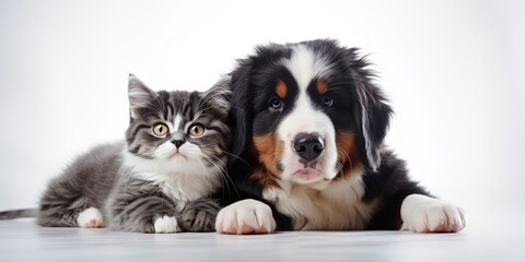 Happy pets. Adorable Bernese Mountain Dog puppy and a gray tabby cat in front of a white background.