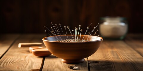 Fototapeta Bowl with acupuncture needles on wooden table obraz
