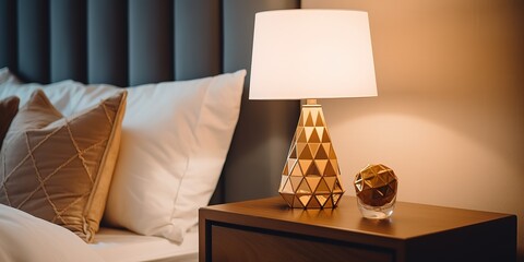 Stylish golden lamp and stationery on a wooden bedside table in the bedroom. - obrazy, fototapety, plakaty