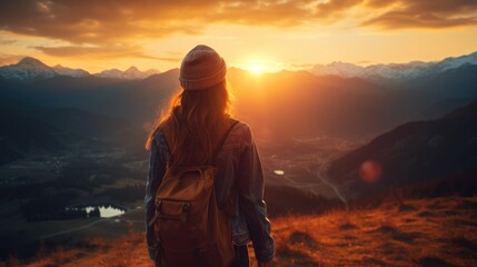 Sunset, woman silhouette on mountain, realistic background with sun light in sky clouds sky