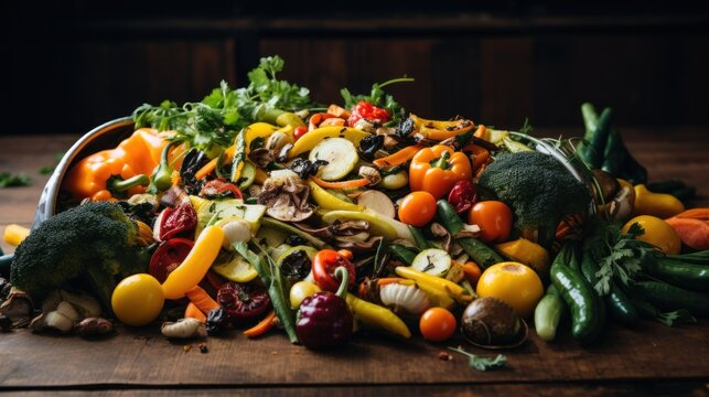 Uneaten rotten vegetables are thrown into the trash. wasting food and food waste reduce food waste composting Rotten