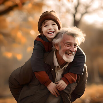Happy grandfather carrying grandson during autumn walk