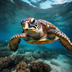 Sea turtle swimming in coral reef