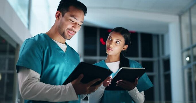 Hospital, discussion and doctors on tablet at night consulting for research, diagnosis and surgery schedule. Healthcare, collaboration and people on digital tech for medical service, help and advice
