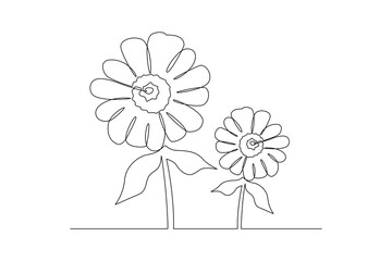 One continuous line drawing of Multicolored blooming flowers concept. Doodle vector illustration in simple linear style. 