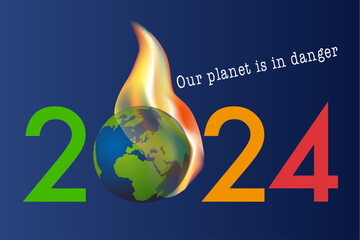 Carte de vœux 2024 sur le thème de l’environnement et de la lutte contre le dérèglement climatique avec le symbole de la terre qui brûle. - 643672443