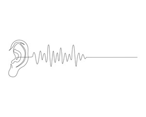 Continuous one line drawing of human ear with audio waves. Human ear with sound waves outline. Editable stroke. - obrazy, fototapety, plakaty