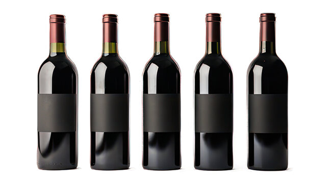 Five bottles of red wine isolated on white created with Generative AI
