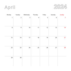 Simple wall calendar for April 2024 with dotted lines. The calendar is in English, week start from Monday.