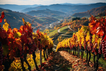 autumn hillside vineyard full of fallen coloured leaves . AI generative. - obrazy, fototapety, plakaty